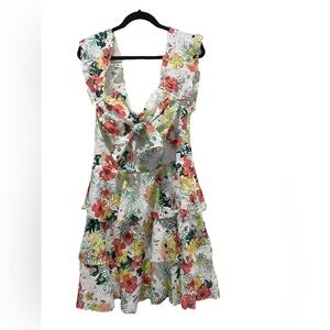 Ina White Floral Tiered Ruffle Off The Shoulder Bow Accent Dress Size 14